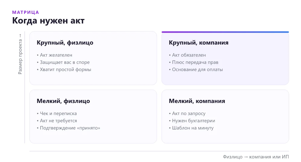 Матрица: когда фрилансеру нужен акт выполненных работ в зависимости от типа заказчика и размера проекта