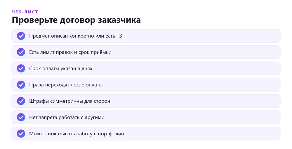 Чек-лист проверки договора от заказчика перед подписанием фрилансером