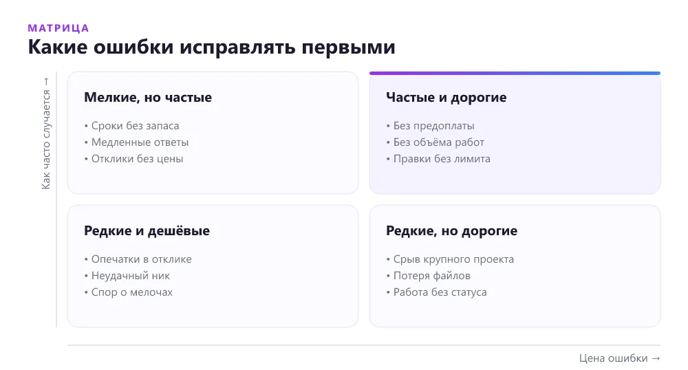 Матрица ошибок начинающего фрилансера: как часто случаются и сколько стоят