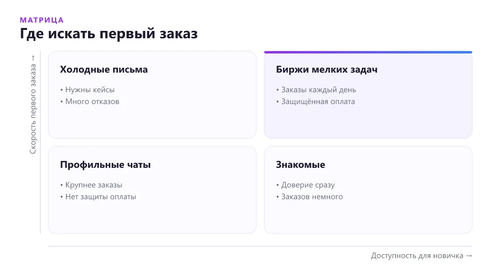 Матрица каналов поиска первого заказа на фрилансе по скорости и конкуренции