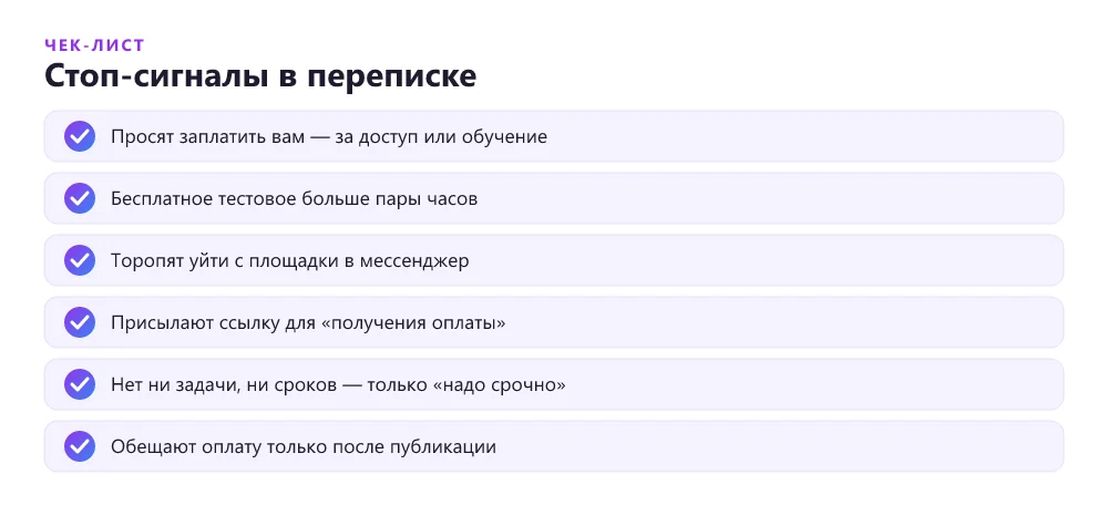 Чек-лист тревожных признаков мошенника в первом заказе на фрилансе