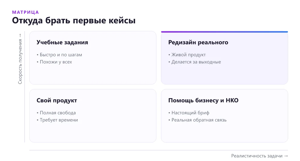Источники работ для портфолио фрилансера без опыта: сравнение по реалистичности и затратам времени