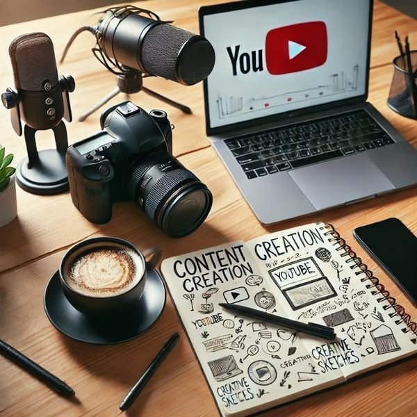 Рабочее место для создания видеоконтента — камера, микрофон и ноутбук