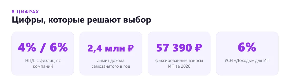 Ключевые цифры для выбора между самозанятостью и ИП в 2026 году
